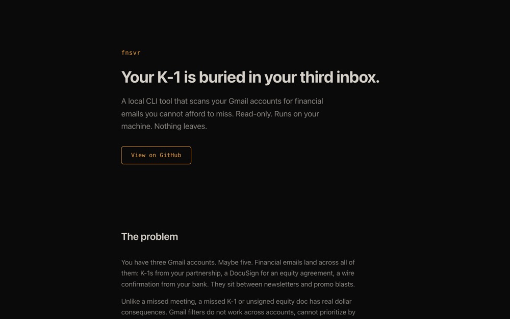 The fnsvr website, headlined with the problem of financial mail buried across several inboxes.